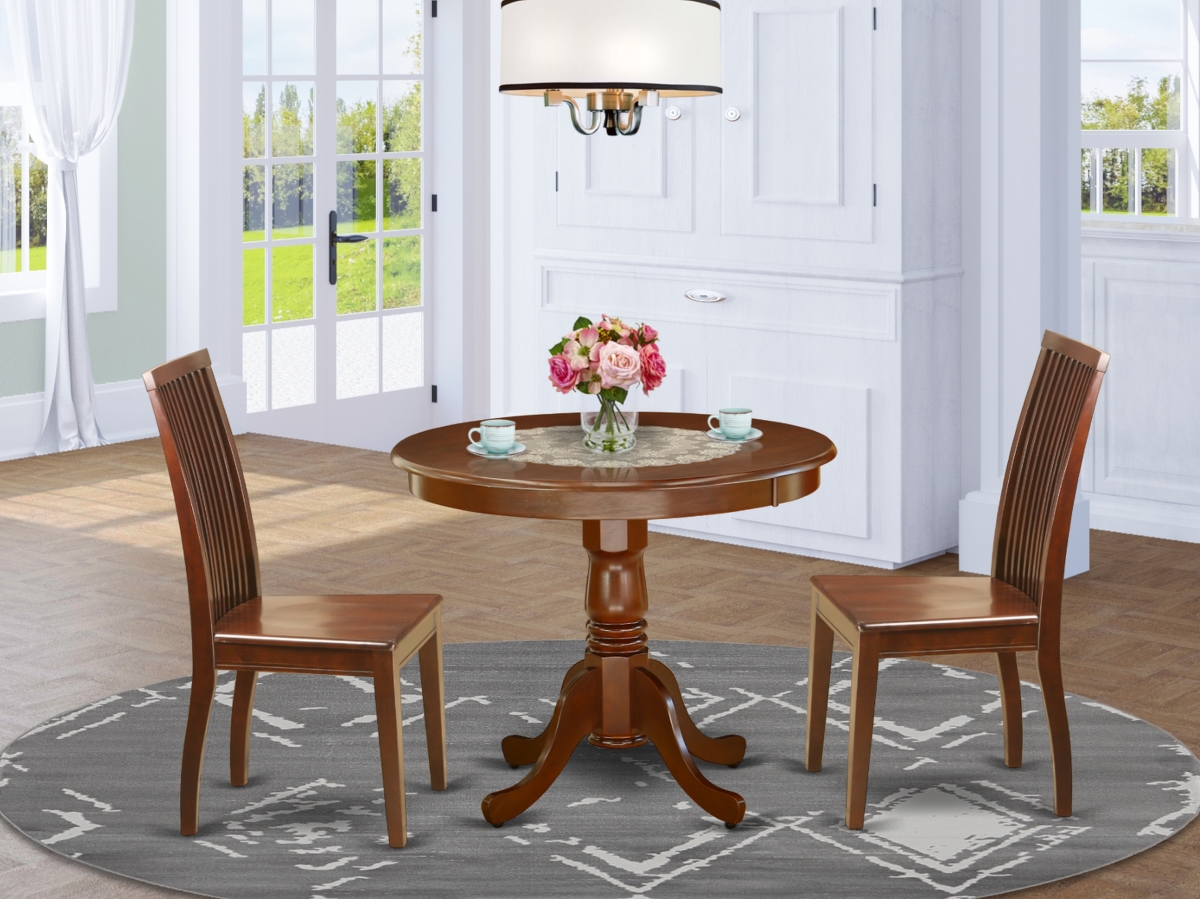 36 in. Antique Round Table & Two Solid Wood Seat Dining Chairs - Mahogany, 3 Piece