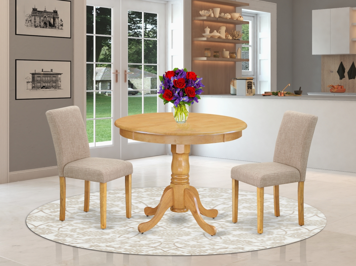 ANAB3-OAK-04 36 in. Antique Round Dinette Table & Two Parson Chair with Oak Leg & Linen Fabric - Light Fawn, 3 Piece