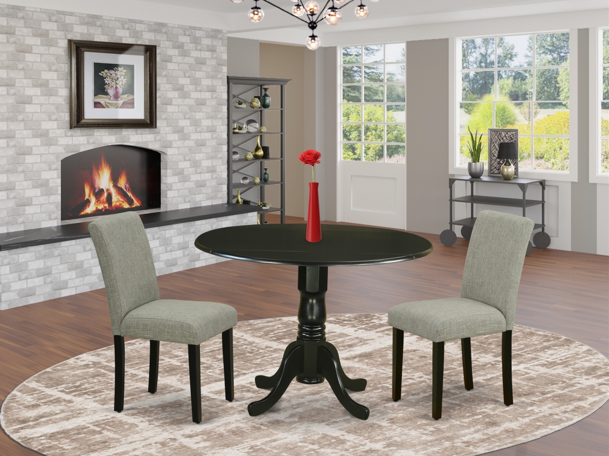 42 in. Dublin Round Dining Room Table with Two 9 in. Drop Leaves & 2 Parson Chair with Black Leg & Linen Fabric - Shitake, 3 Piece