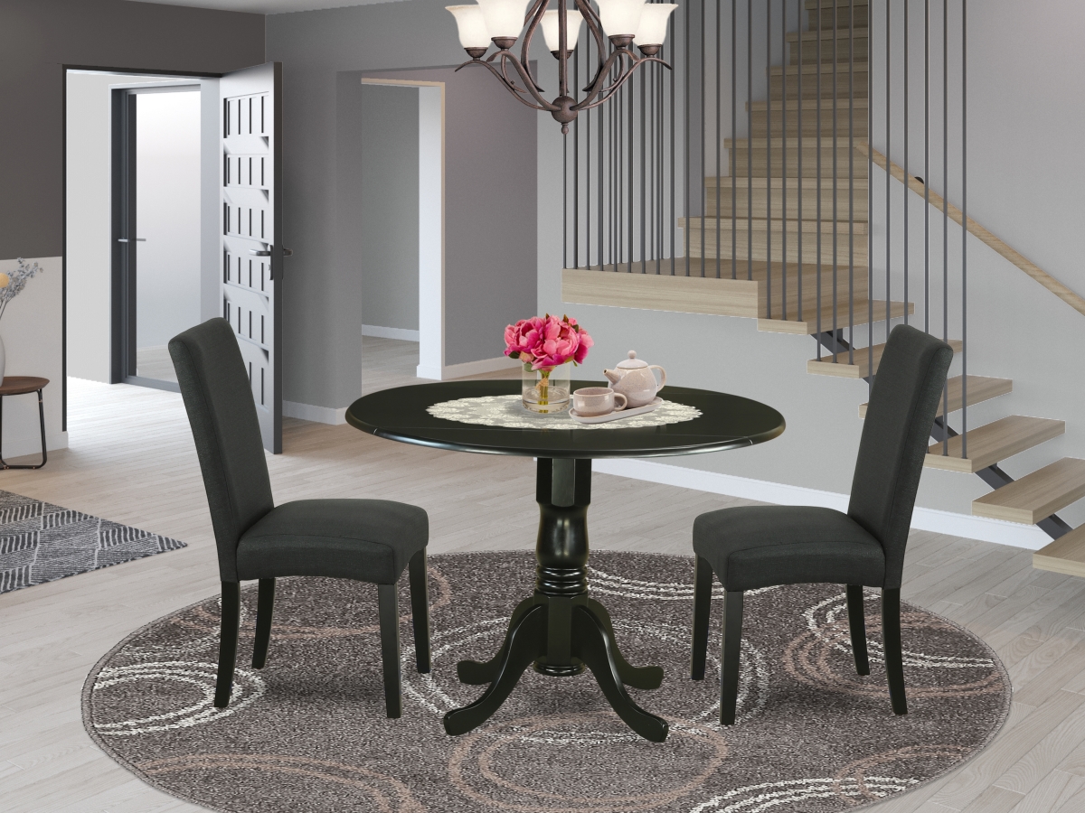 42 in. Dublin Round Dining Table with Two 9 in. Drop Leaves & Two Parson Chair with Black Leg & Linen Fabric - Black, 3 Piece