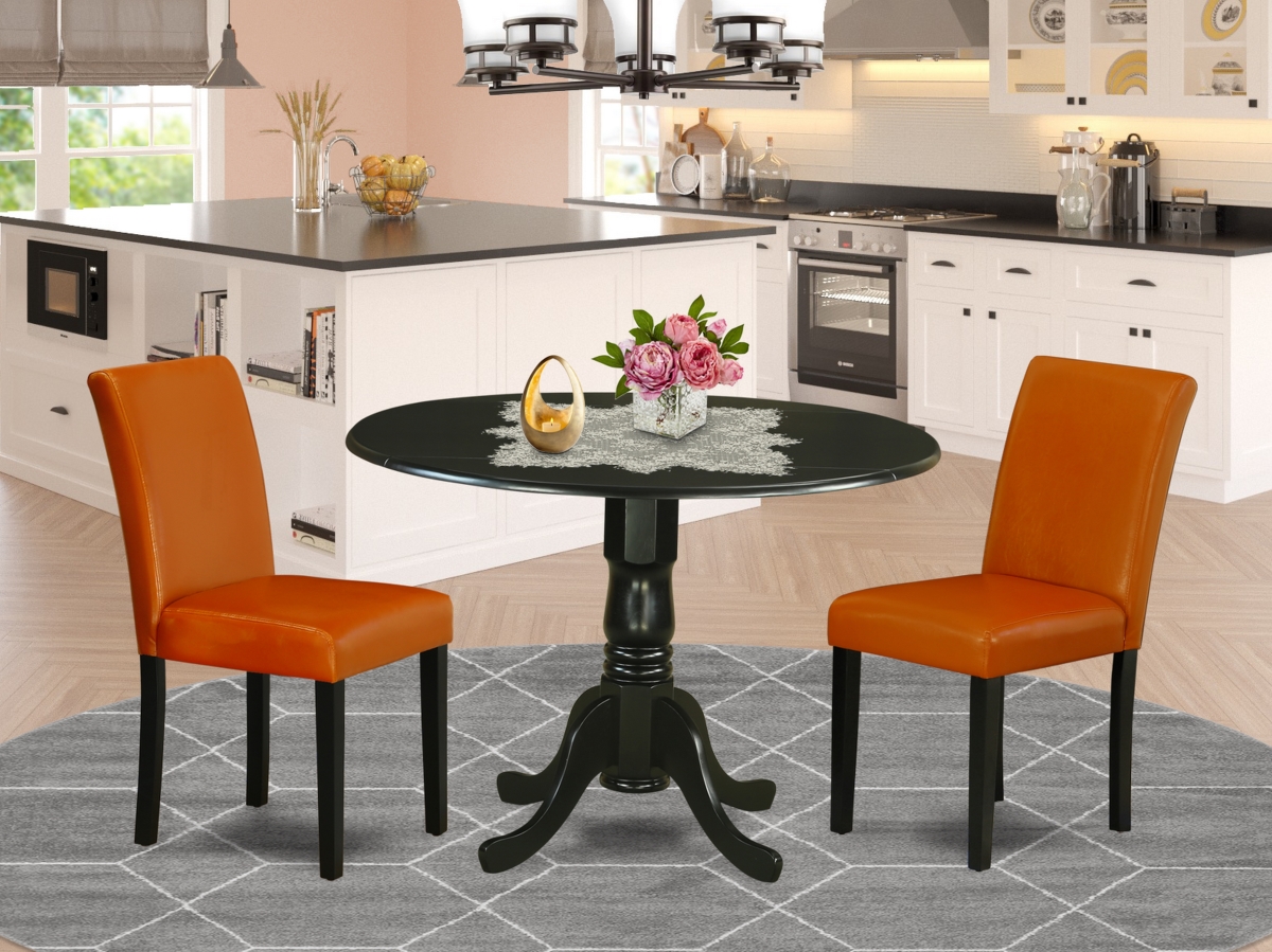 42 in. Dublin Round Dining Room Table with Two 9 in. Drop Leaves & 2 Parson Chair with Black Leg & Pu Leather - Baked Bean, 3 Piece