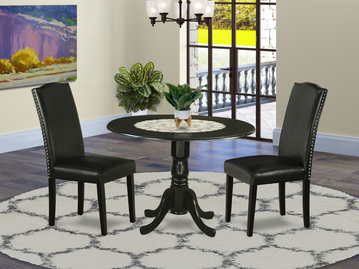 42 in. Dublin Round Dining Table with Two 9 in. Drop Leaves & Two Parson Chair with Black Leg & Pu Leather - Black, 3 Piece