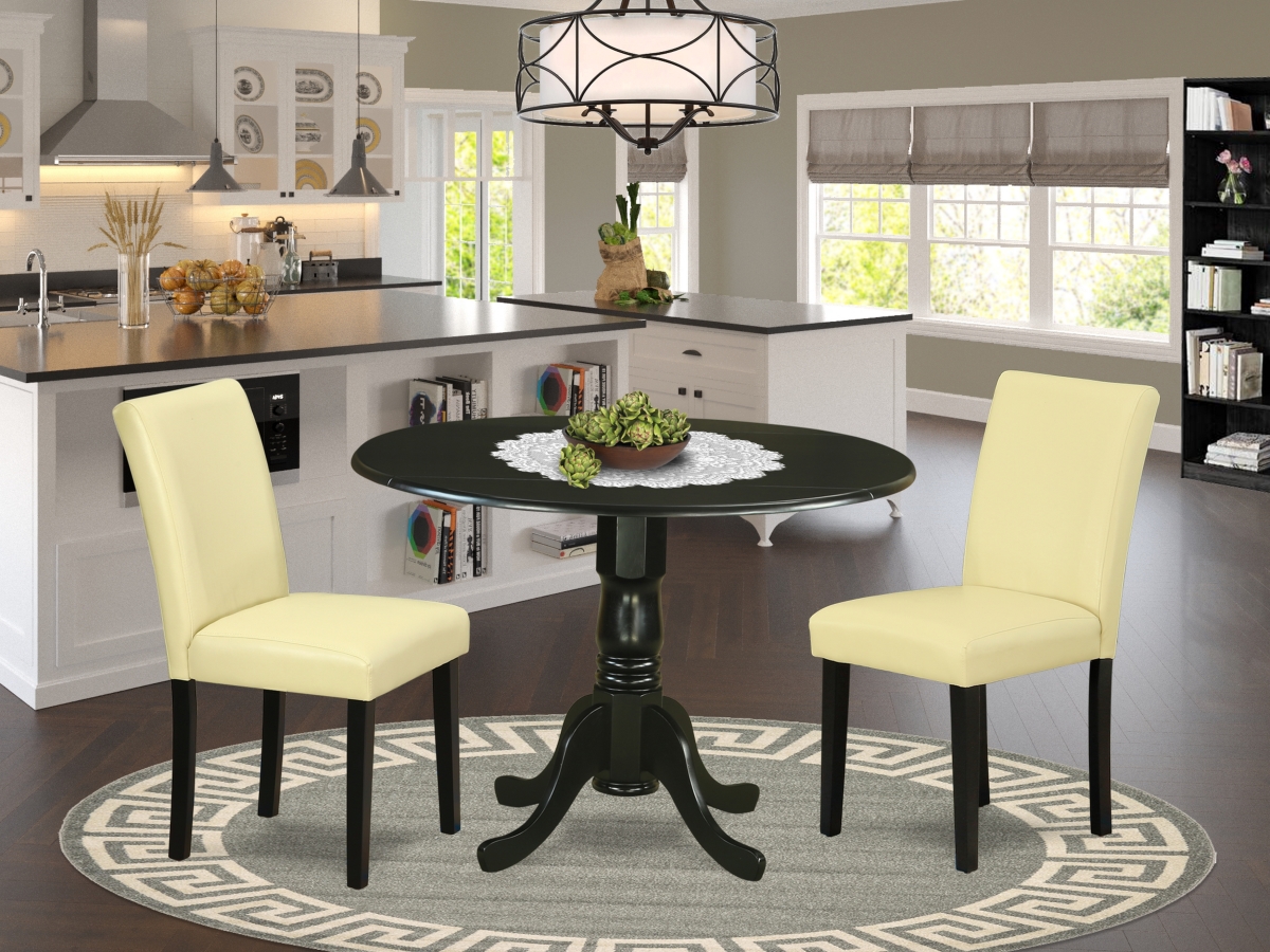 42 in. Dublin Round Dining Room Table with Two 9 in. Drop Leaves & 2 Parson Chair with Black Leg & Pu Leather - Eggnog, 3 Piece