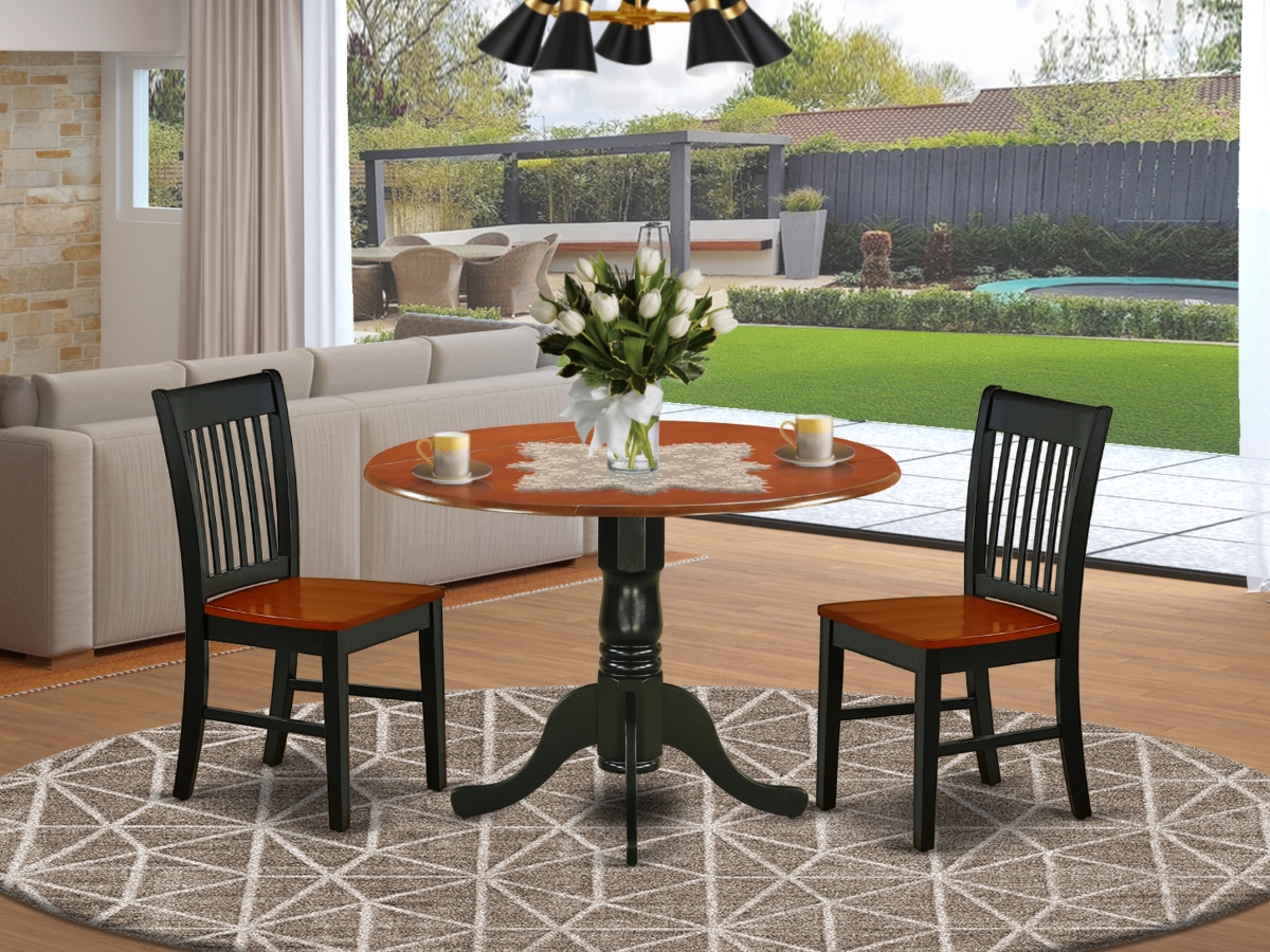 42 in. Dublin Round Dining Room Table with Two 9 in. Drop Leaves & Wood Seat Chairs - Black & Cherry, 3 Piece