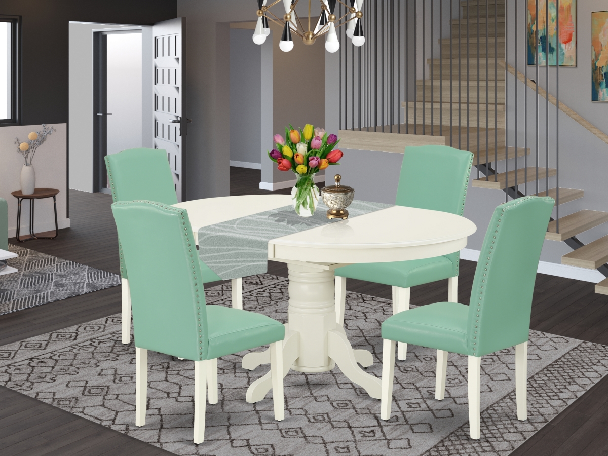 42-60 in. Avon Oval Table with 18 in. Self Storing Butterfly Leaf & 4 Parson Chair with Linen White Leg & Pu Leather Pond, 5 Piece