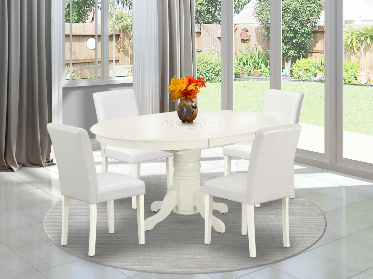 42-60 in. Avon Oval Table with 18 in. Self Storing Butterfly Leaf & 4 Parson Chair with Linen White Leg & Pu Leather White, 5 Piece