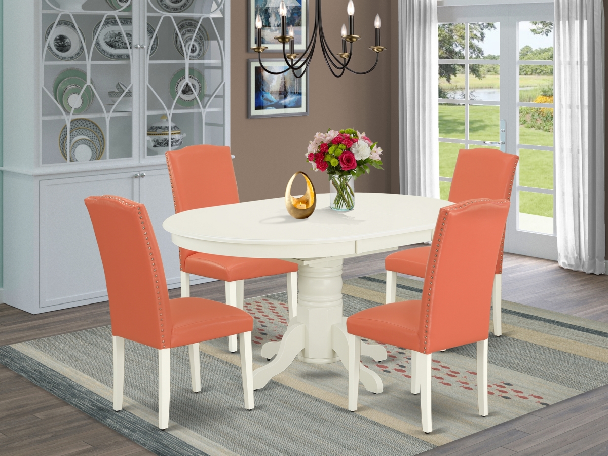 42-60 in. Avon Oval Table with 18 in. Self Storing Butterfly Leaf & 4 Parson Chair with Linen White Leg & Pu Leather Pink Flamingo, 5 Piece