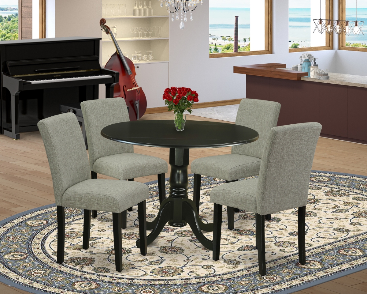 DLAB5-BLK-06 42 in. Dublin Round Kitchen Table with Two 9 in. Drop Leaves & Four Parson Chair with Black Leg & Linen Fabric - Shitake, 5 Piece
