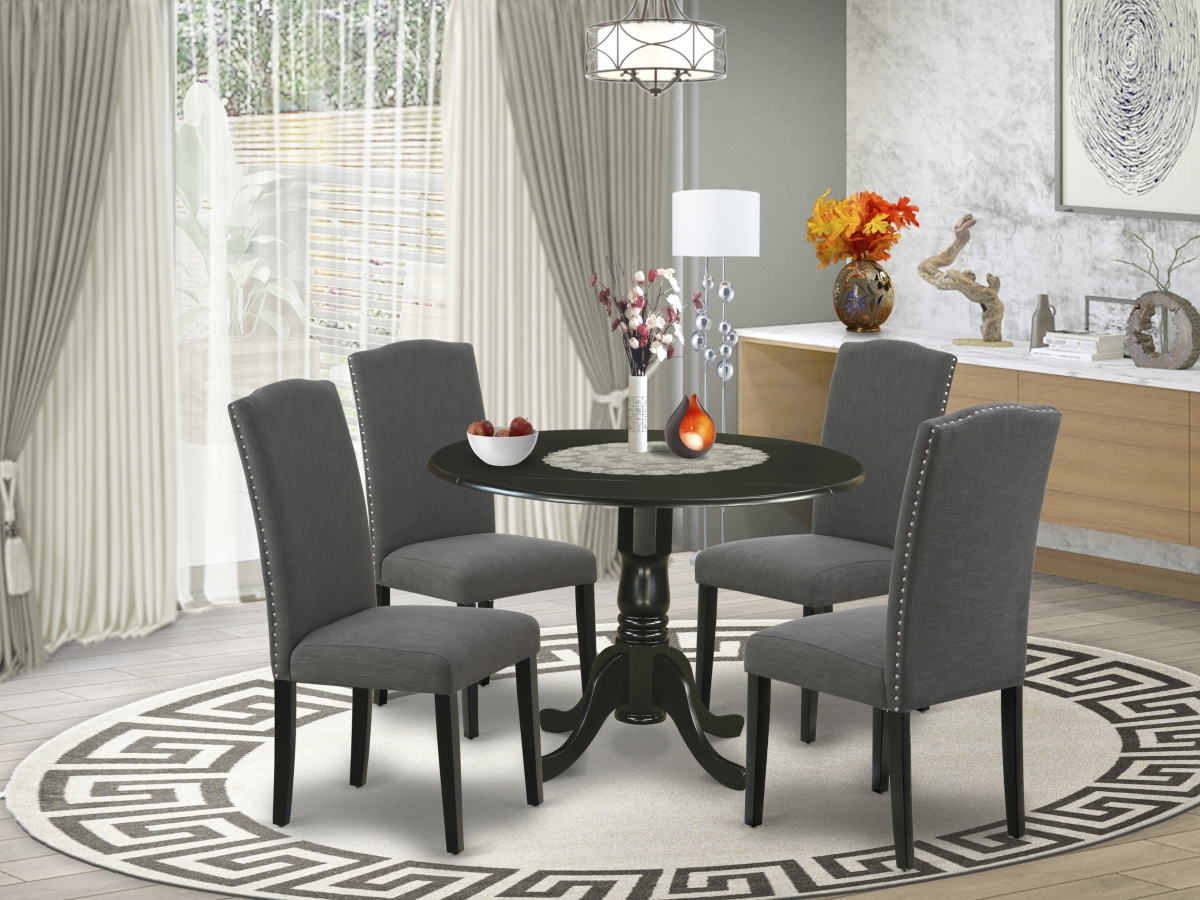 42 in. Dublin Round Kitchen Table with Two 9 in. Drop Leaves & Four Parson Chair with Black Leg & Linen Fabric - Dark Gotham Gray, 5 Piece