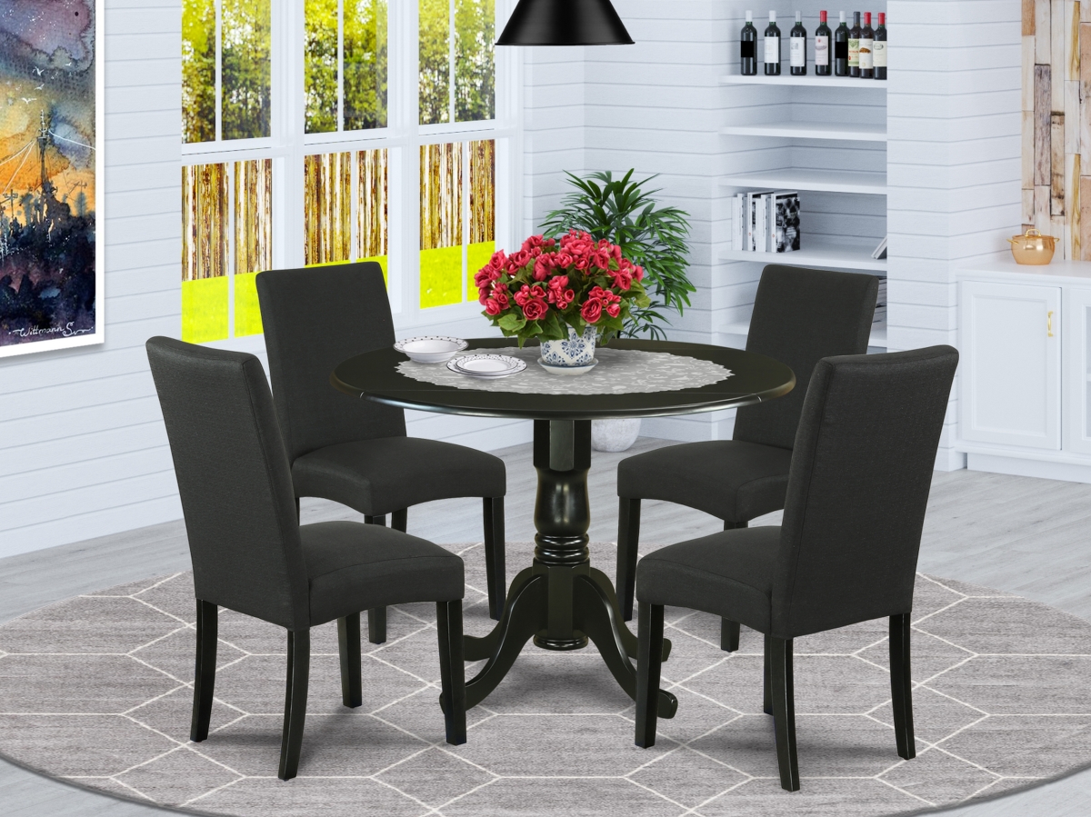 42 in. Dublin Round Kitchen Table with Two 9 in. Drop Leaves & Four Parson Chair with Black Leg & Linen Fabric - Black, 5 Piece