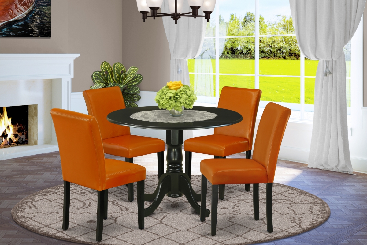 42 in. Dublin Round Kitchen Table with Two 9 in. Drop Leaves & Four Parson Chair with Black Leg & Pu Leather - Baked Bean, 5 Piece