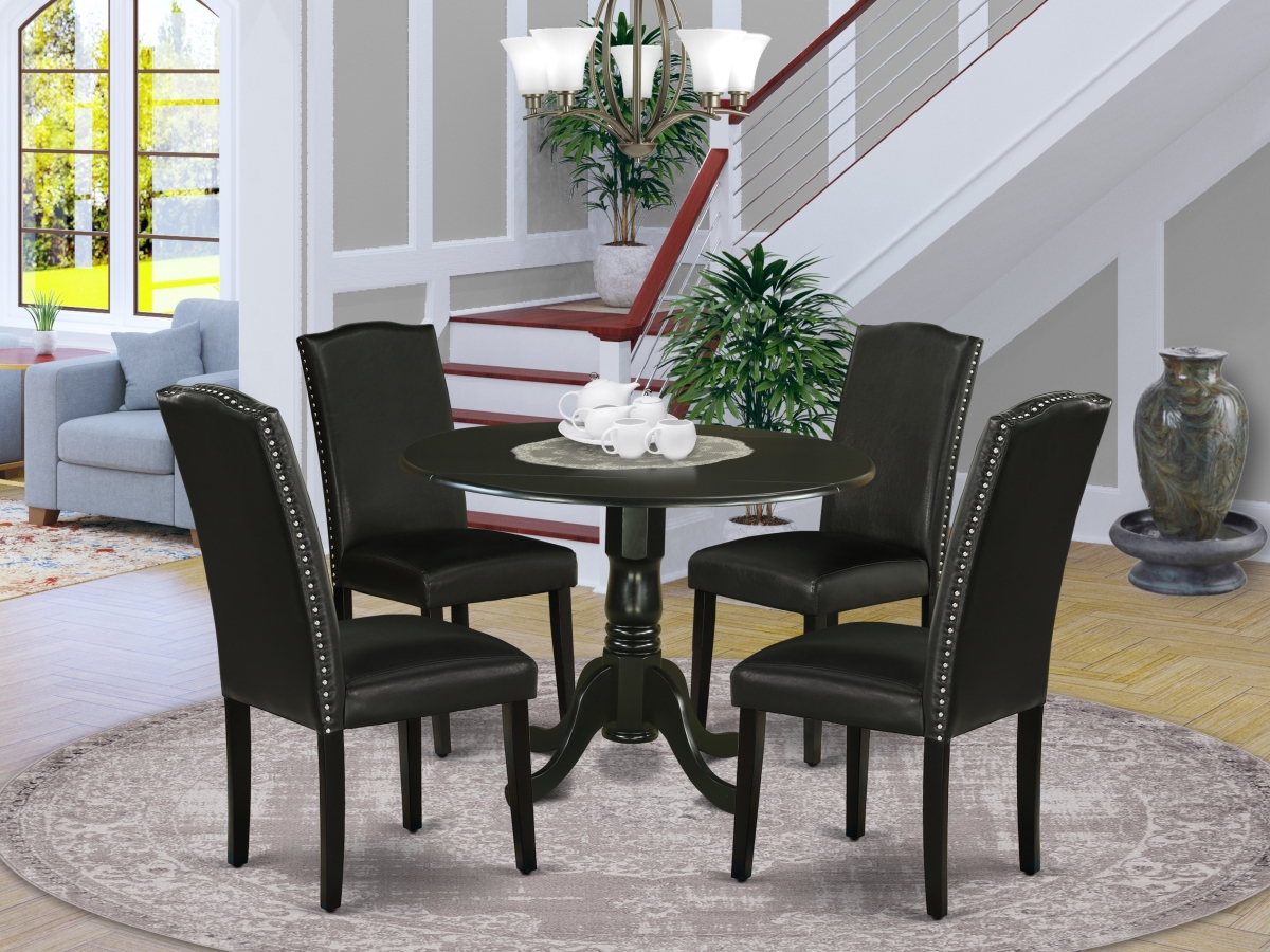 42 in. Dublin Round Kitchen Table with Two 9 in. Drop Leaves & Four Parson Chair with Black Leg & Pu Leather - Black, 5 Piece