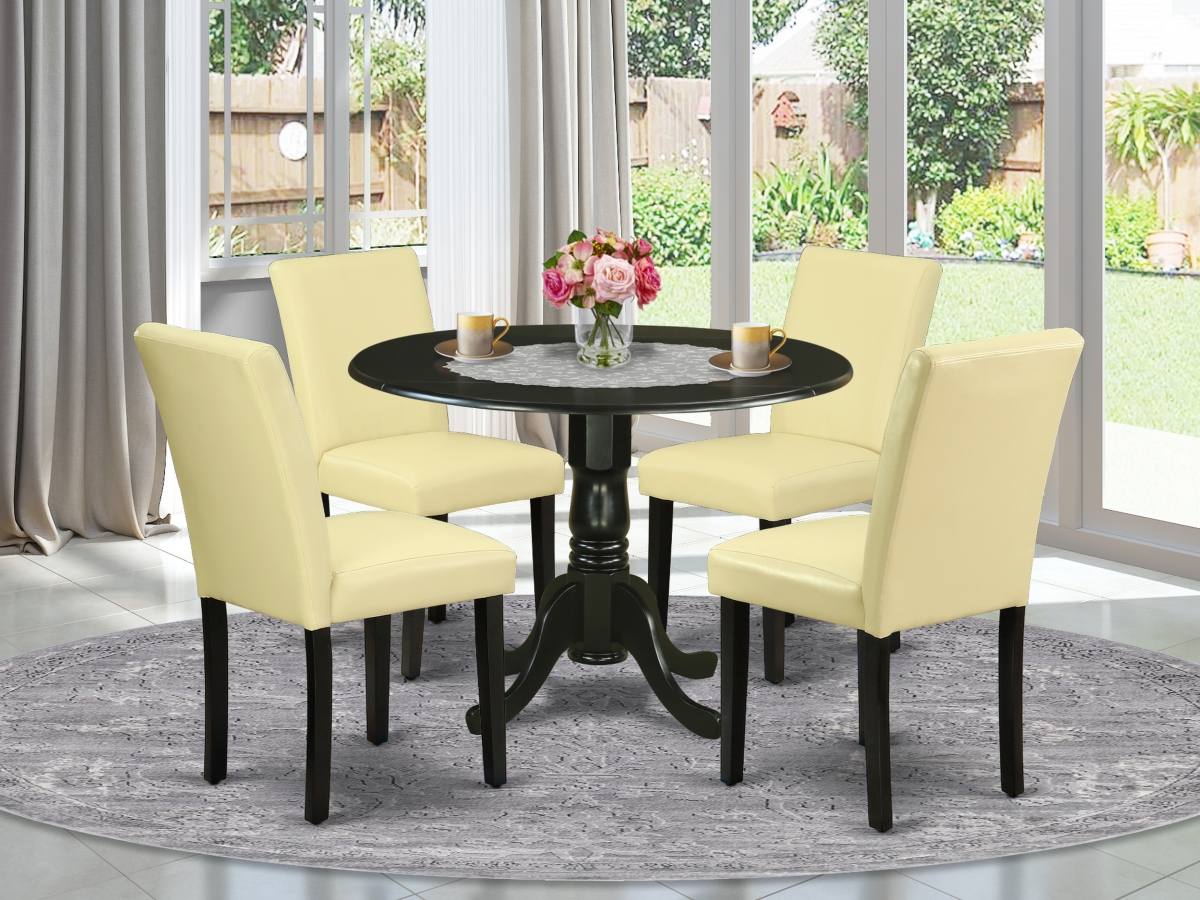 42 in. Dublin Round Kitchen Table with Two 9 in. Drop Leaves & Four Parson Chair with Black Leg & Pu Leather - Eggnog, 5 Piece