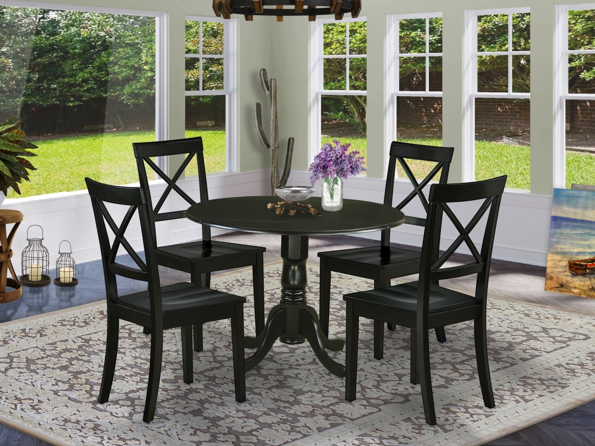 42 in. Dublin Round Table with Two 9 in. Drop Leaves & Four Wood Seat Dining Chairs - Black, 5 Piece