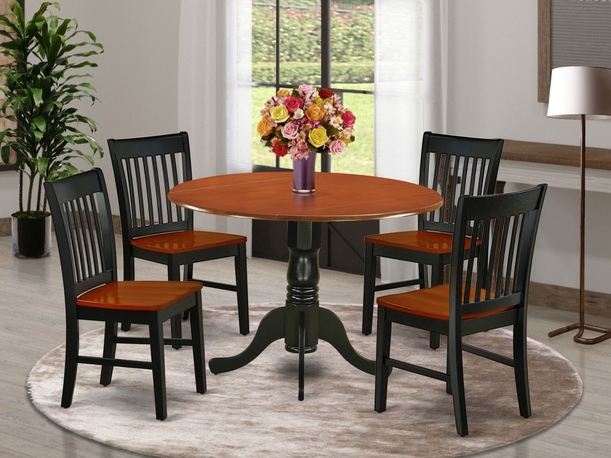 42 in. Dublin Round Kitchen Table with Two 9 in. Drop Leaves & Four Wood Seat Kitchen Chairs - Black & Cherry, 5 Piece