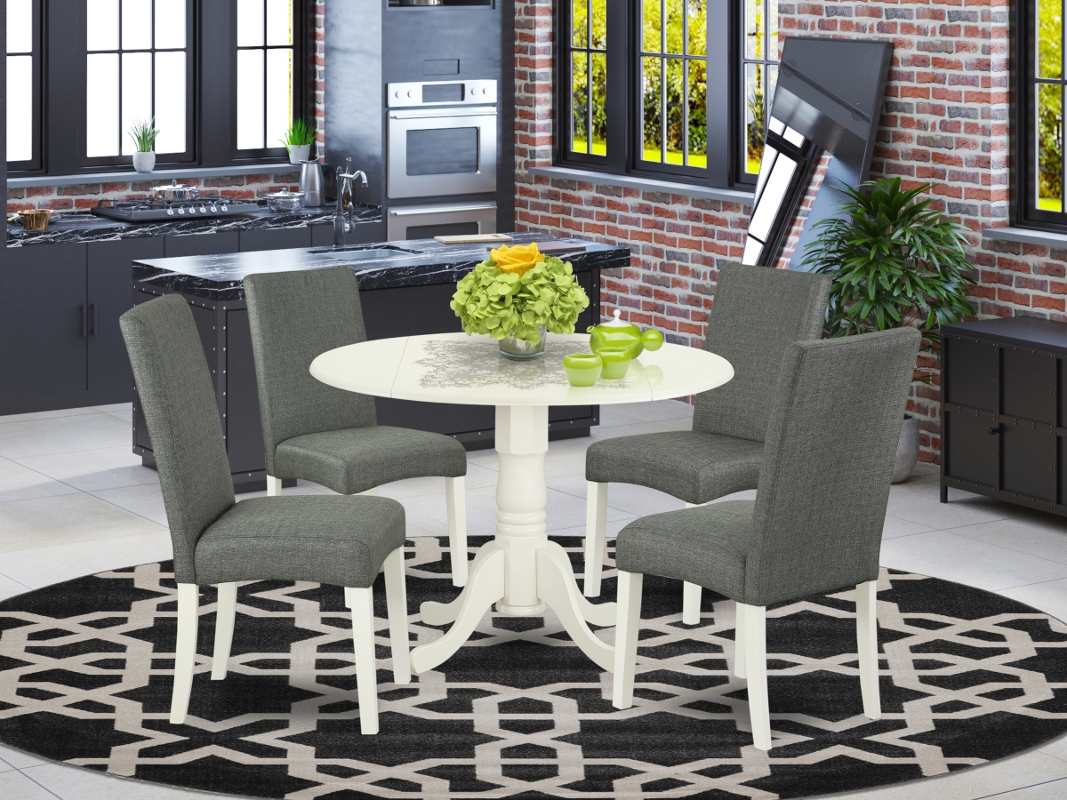 42 in. Dublin Round Kitchen Table with Two 9 in. Drop Leaves & Four Parson Chair with Linen White Leg & Linen Fabric - Gray, 5 Piece