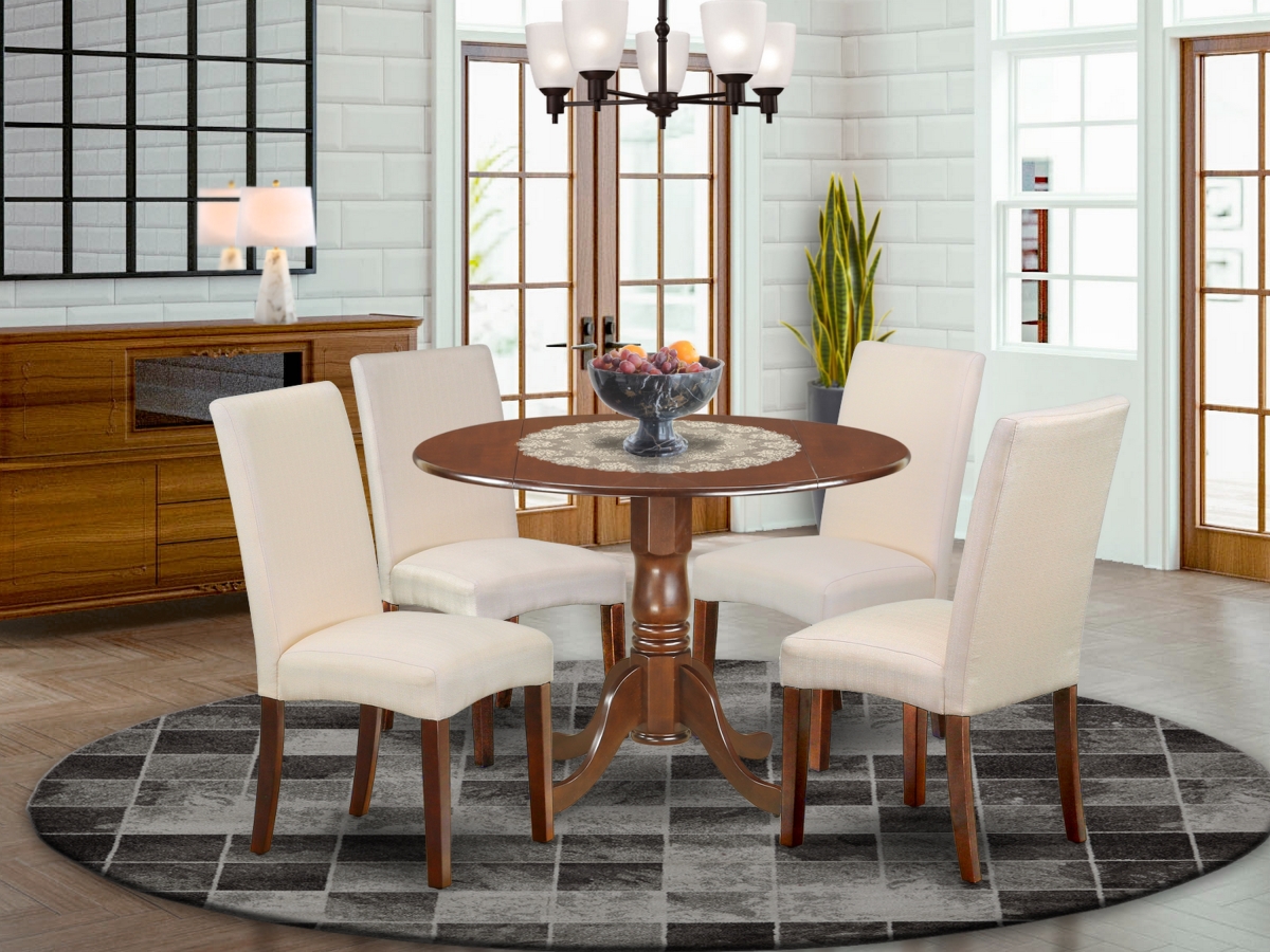 42 in. Dublin Round Kitchen Table with Two 9 in. Drop Leaves & Four Parson Chair with Mahogany Leg & Linen Fabric - Cream, 5 Piece