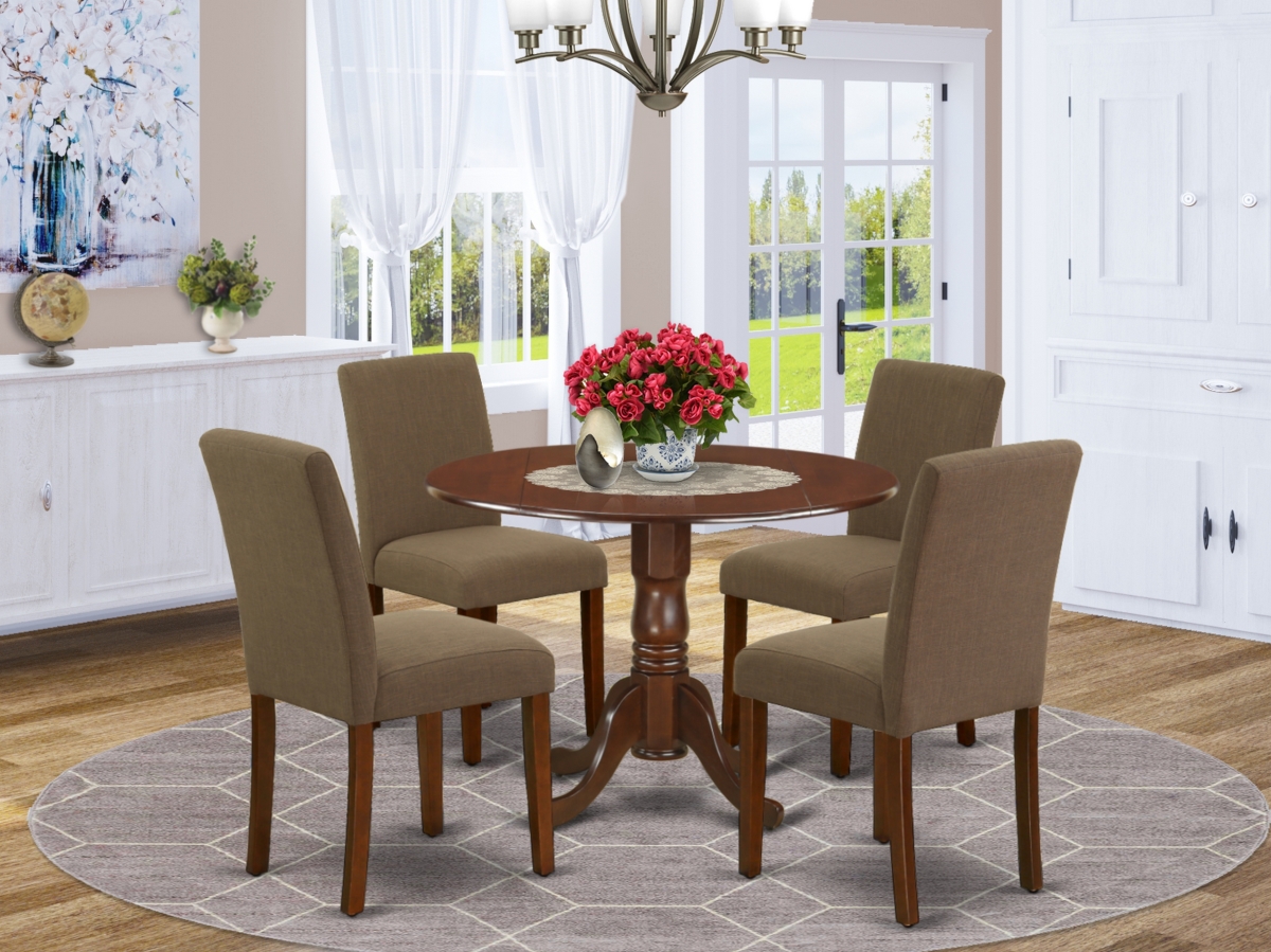 42 in. Dublin Round Kitchen Table with Two 9 in. Drop Leaves & Four Parson Chair with Mahogany Leg & Linen Fabric - Coffee, 5 Piece