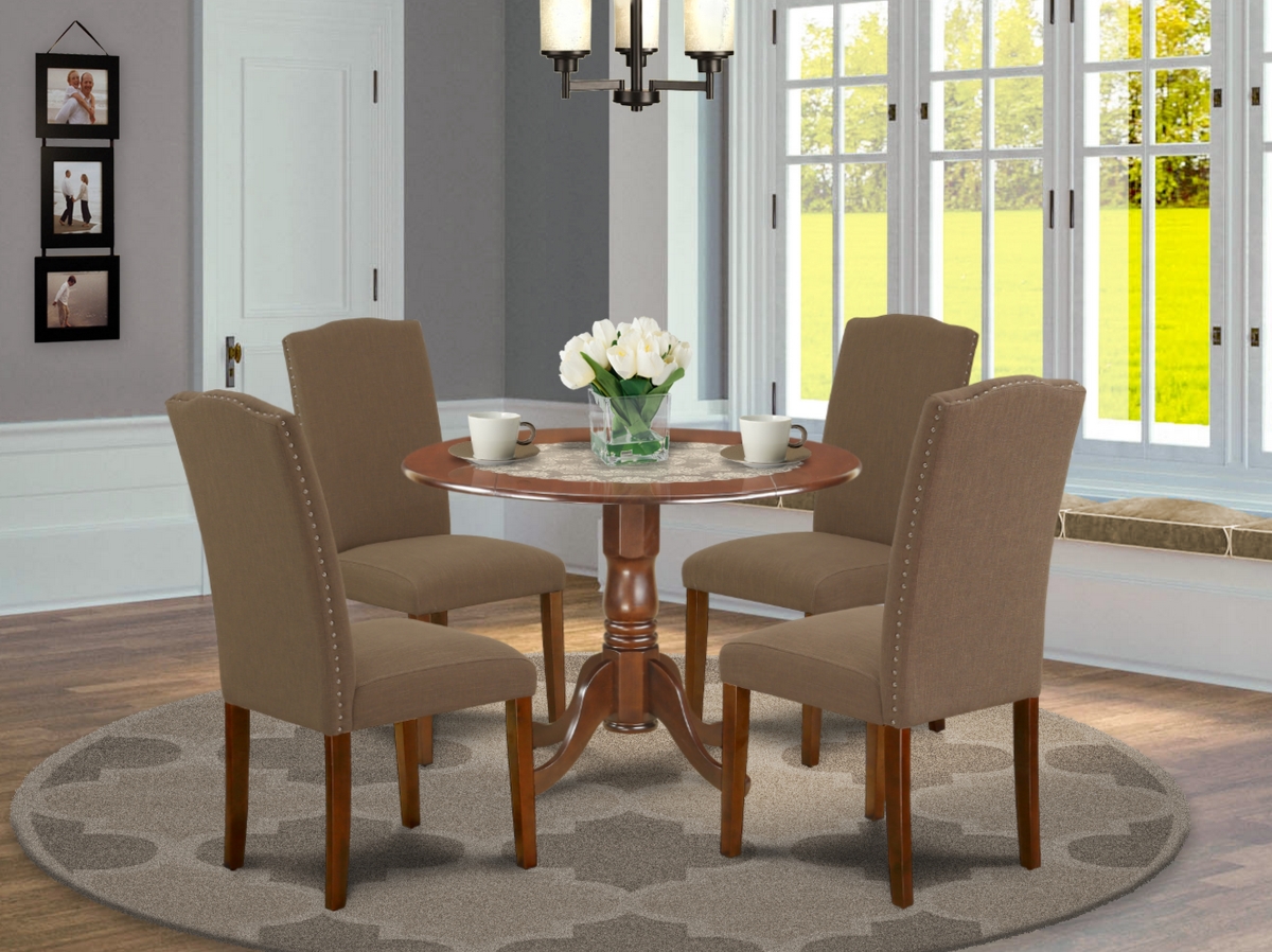 42 in. Dublin Round Kitchen Table with Two 9 in. Drop Leaves & Four Parson Chair with Mahogany Leg & Linen Fabric - Dark Coffee, 5 Piece