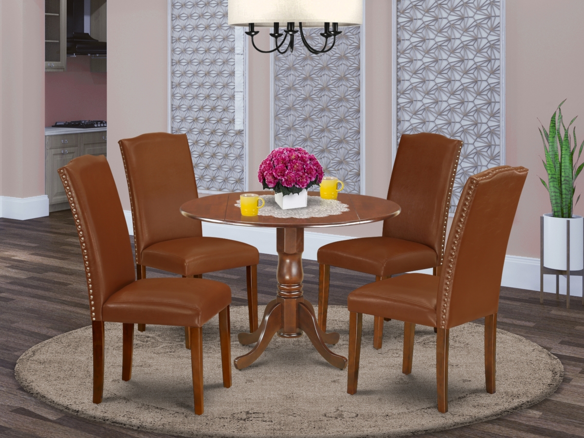 42 in. Dublin Round Kitchen Table with Two 9 in. Drop Leaves & Four Parson Chair with Mahogany Leg & Brown Flaux Leather, 5 Piece