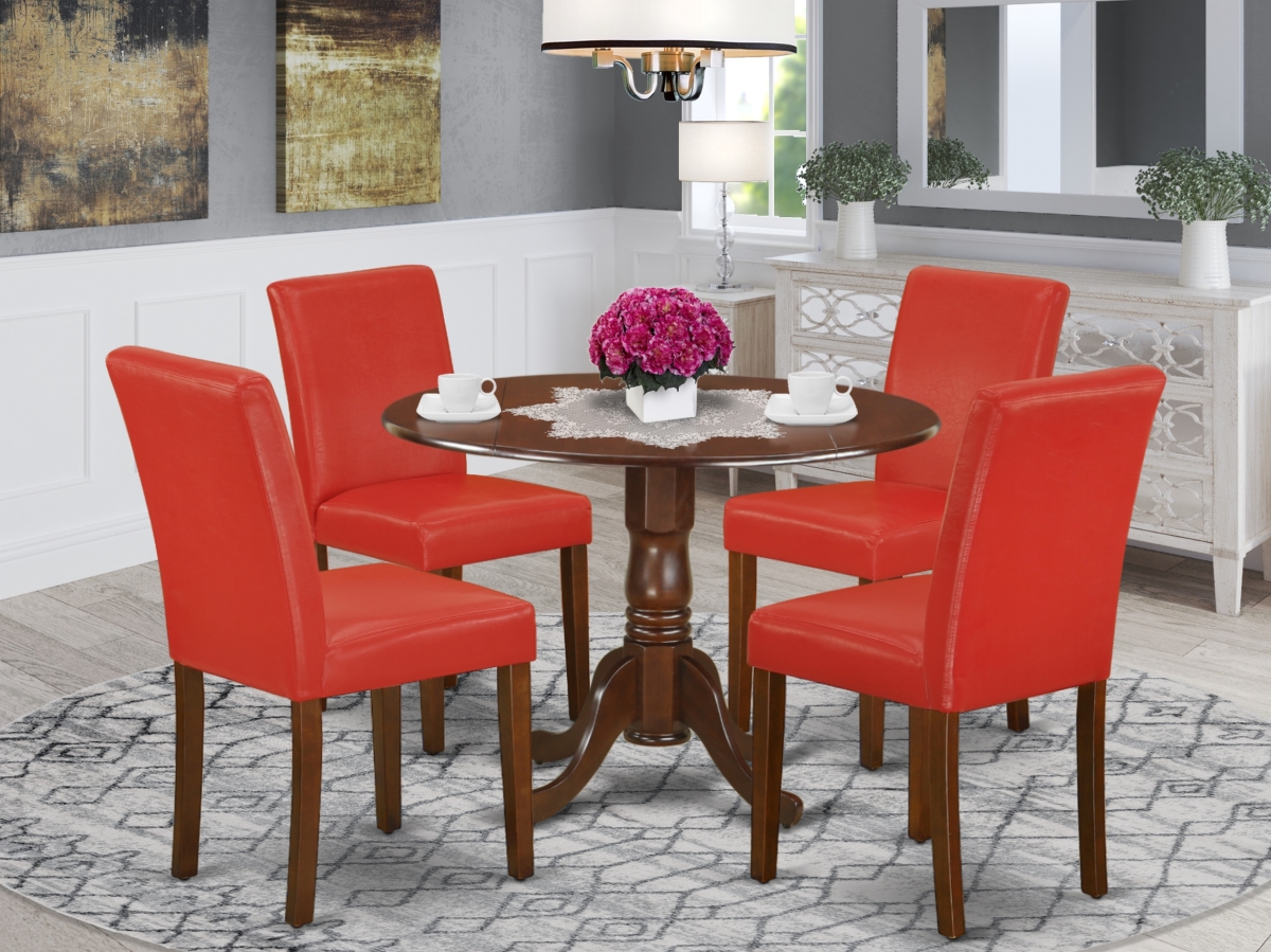 42 in. Dublin Round Kitchen Table with Two 9 in. Drop Leaves & Four Parson Chair with Mahogany Leg & Pu Leather - Firebrick Red, 5 Piece