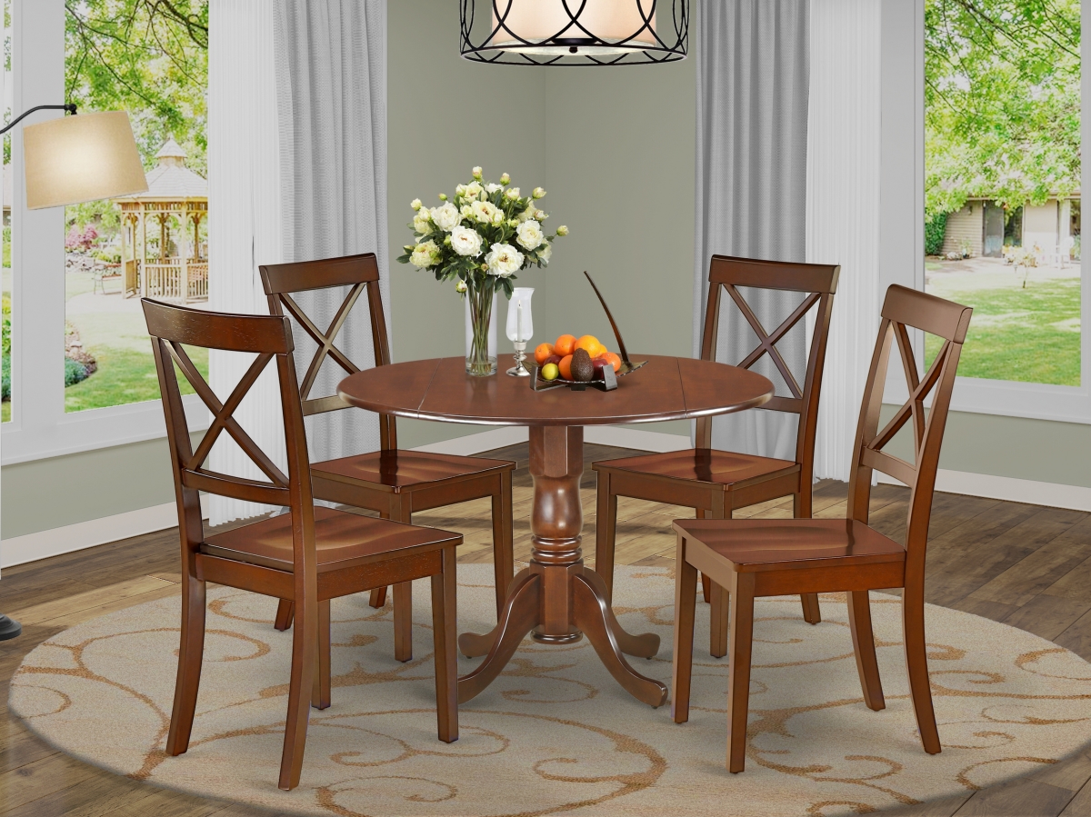 42 in. Dublin Round Kitchen Table with Two 9 in. Drop Leaves & Four Wood Seat Dining Chairs - Mahogany, 5 Piece