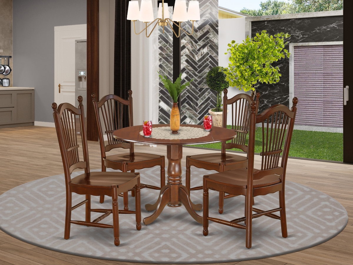 42 in. Dublin Round Dining Table with Two 9 in. Drop Leaves & Four Wood Seat Chairs - Mahogany, 5 Piece