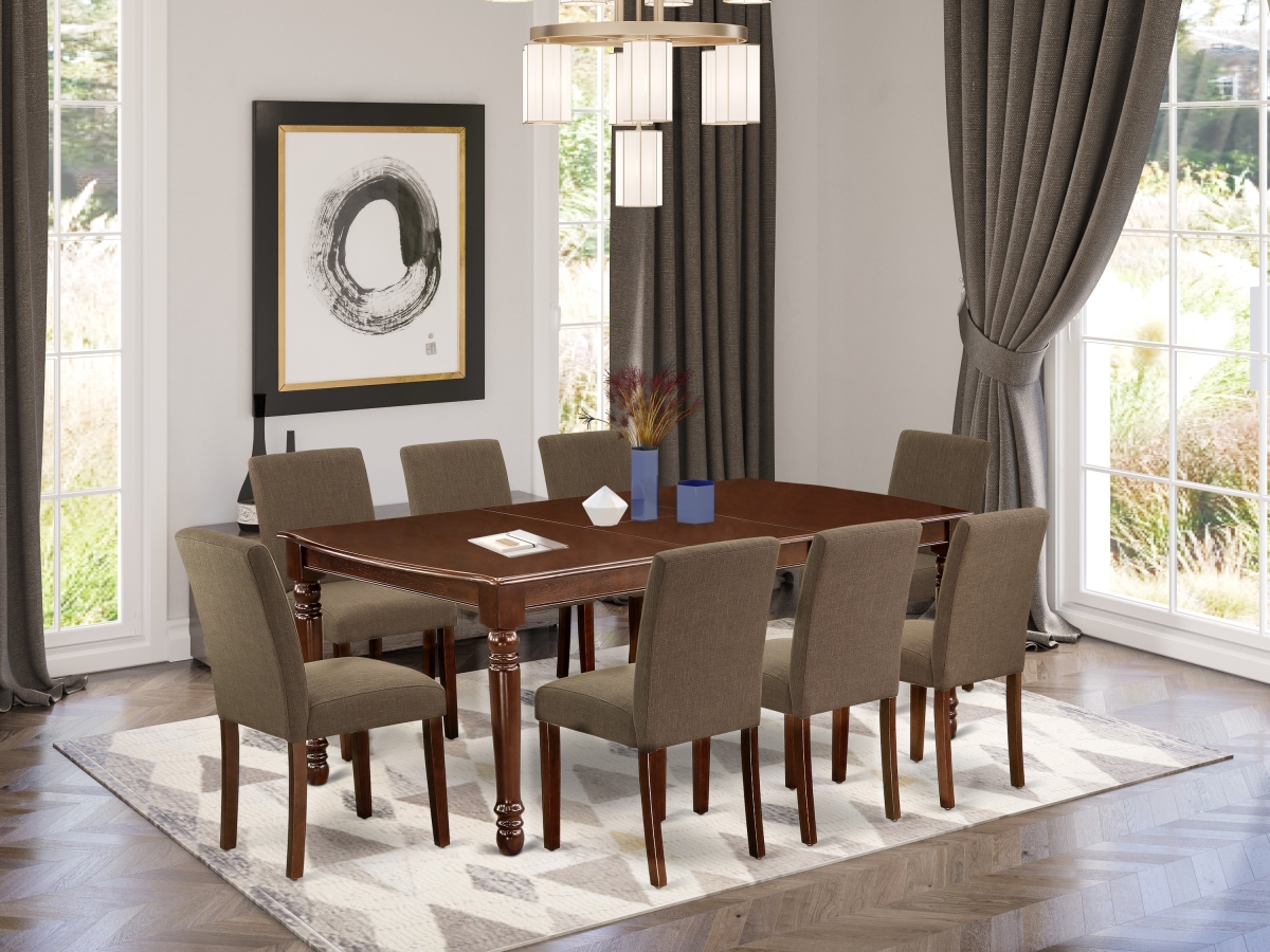 DOAB9-MAH-18 60-78 in. Dover Rectangle Dining Table with 18 in. Leaf & 8 Parson Chair with Mahogany Leg & Linen Fabric - Coffee, 9 Piece