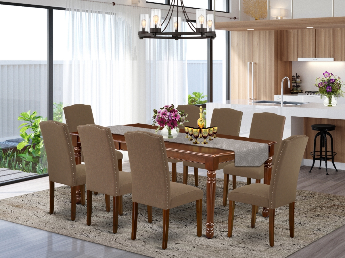 DOEN9-MAH-18 60-78 in. Dover Rectangle Dining Table with 18 in. Leaf & 8 Parson Chair with Mahogany Leg & Linen Fabric - Dark Coffee, 9 Piece