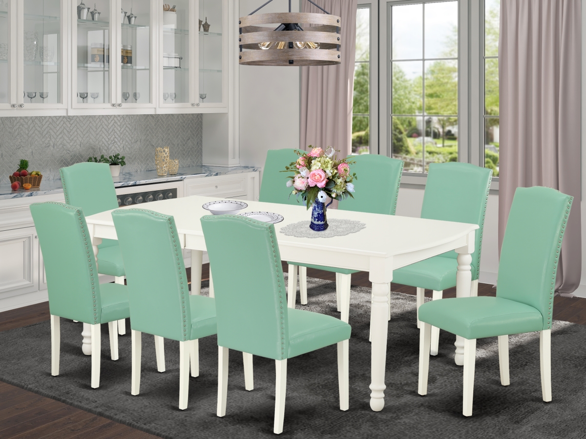 60-78 in. Dover Rectangle Dining Table with 18 in. Leaf & 8 Parson Chair with Linen White Leg & Pu Leather - Pond, 9 Piece