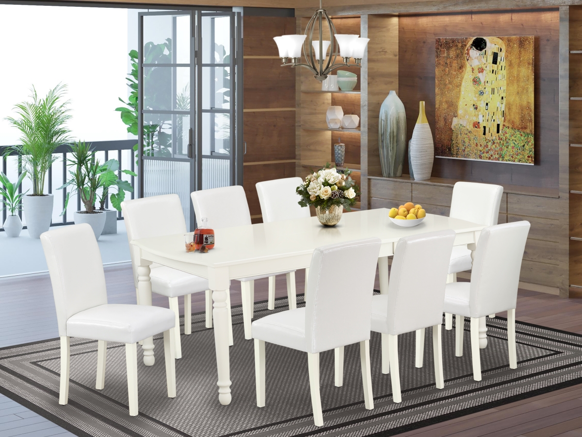 DOAB9-LWH-64 60-78 in. Dover Rectangle Dining Table with 18 in. Leaf & 8 Parson Chair with Linen White Leg & Pu Leather - White, 9 Piece