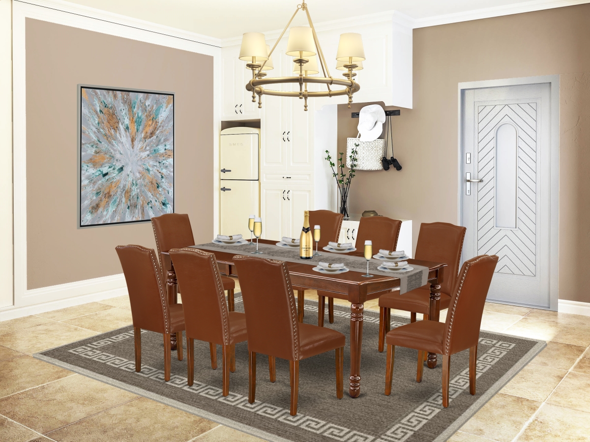 DOEN9-MAH-66 60-78 in. Dover Rectangle Dining Table with 18 in. Leaf & 8 Parson Chair with Mahogany Leg & Brown Flaux Leather, 9 Piece