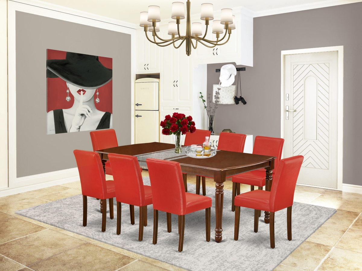 DOAB9-MAH-72 60-78 in. Dover Rectangle Dining Table with 18 in. Leaf & 8 Parson Chair with Mahogany Leg & Pu Leather - Firebrick Red, 9 Piece