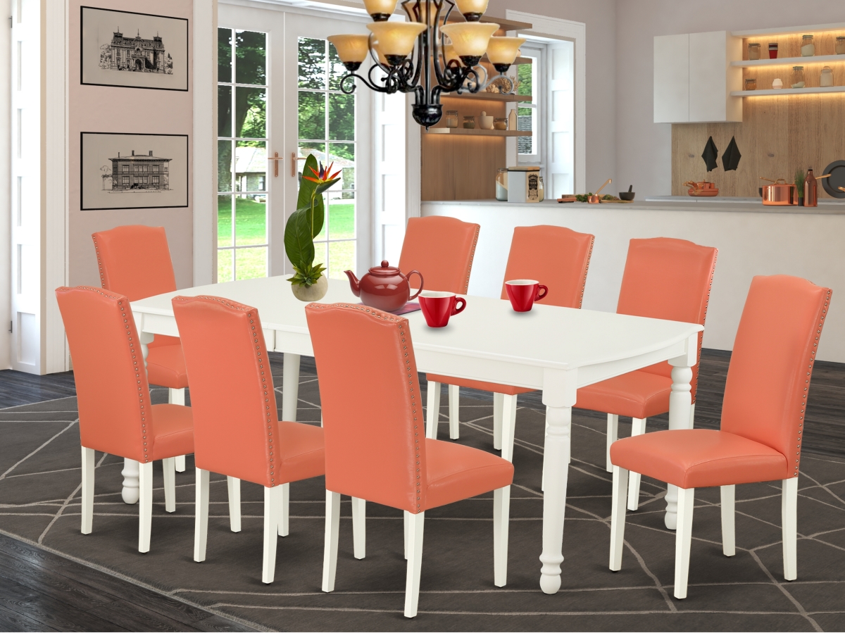 60-78 in. Dover Rectangle Dining Table with 18 in. Leaf & 8 Parson Chair with Linen White Leg & Pu Leather - Pink Flamingo, 9 Piece