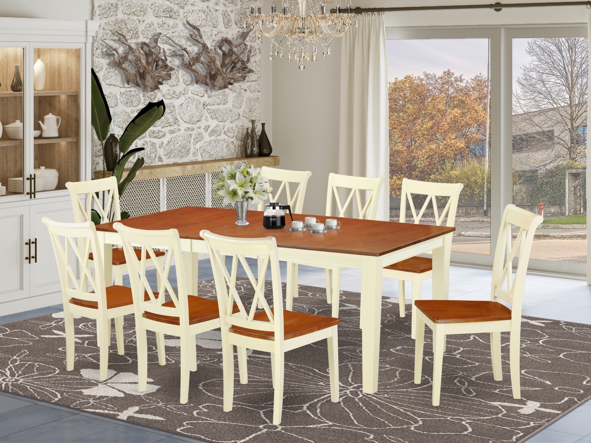 60-78 in. Quincy Rectangle Dining Table with 18 in. Leaf & 8 Wood Seat Kitchen Chairs - Buttermilk & Cherry, 9 Piece