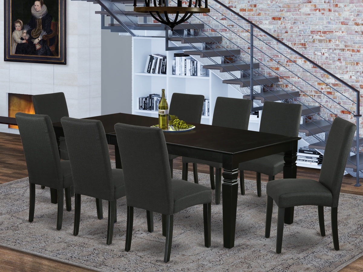 LGDR9-BLK-24 66-84 in. Logan Rectangle Kitchen Table with 18 in. Leaf & Eight Parson Chair with Black Leg & Linen Fabric - Black, 9 Piece