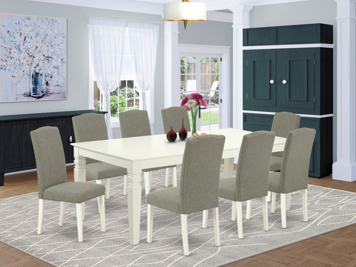 66-84 in. Logan Rectangle Kitchen Table with 18 in. Leaf & Eight Parson Chair with Linen White Leg & Linen Fabric - Dark Shitake, 9 Piece
