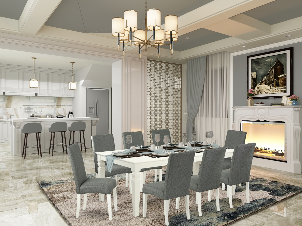 LGDR9-LWH-07 66-84 in. Logan Rectangle Kitchen Table with 18 in. Leaf & Eight Parson Chair with Linen White Leg & Linen Fabric - Gray, 9 Piece