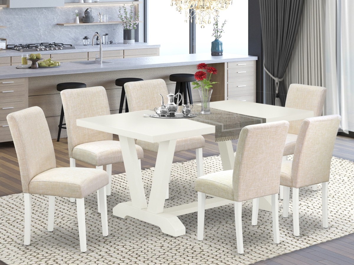 7 Piece V-Style Dining Room Table Set - Light Beige & Linen White