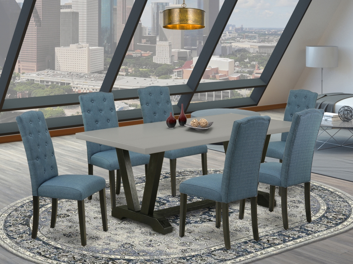 7 Piece V-Style Dining Room Set - Blue & Cement