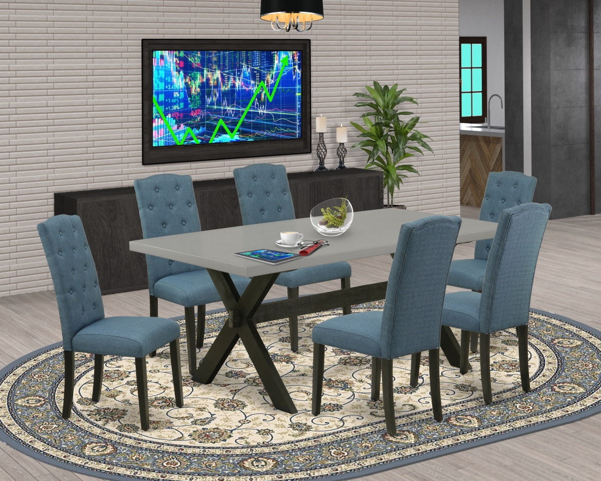 7 Piece X-Style Dining Room Table Set - Blue & Cement