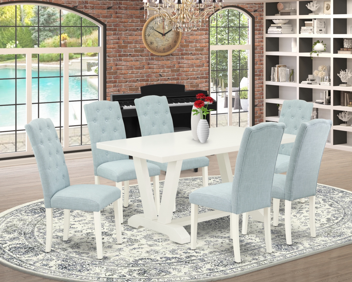 7 Piece V-Style Dining Table Set - Linen White