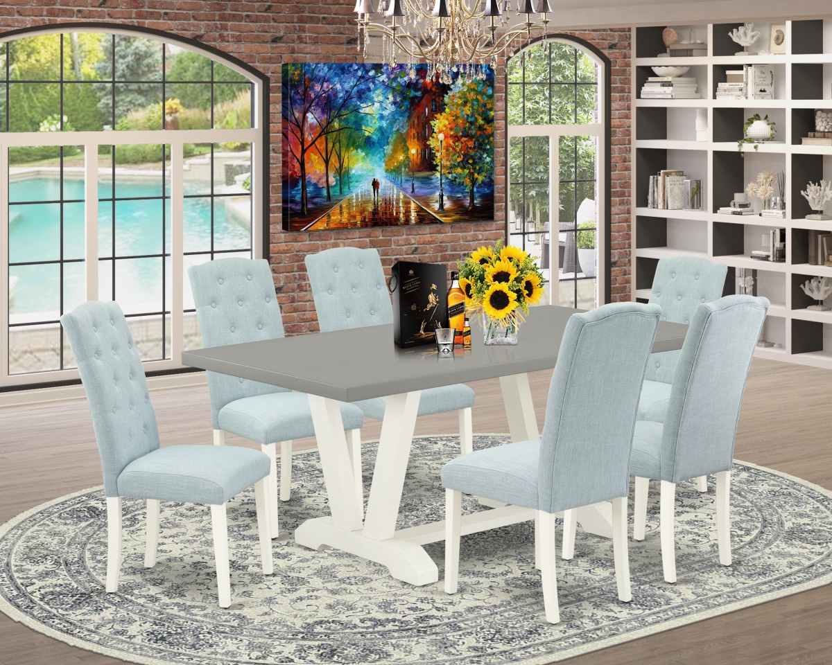 7 Piece V-Style Dining Room Table Set - Linen White