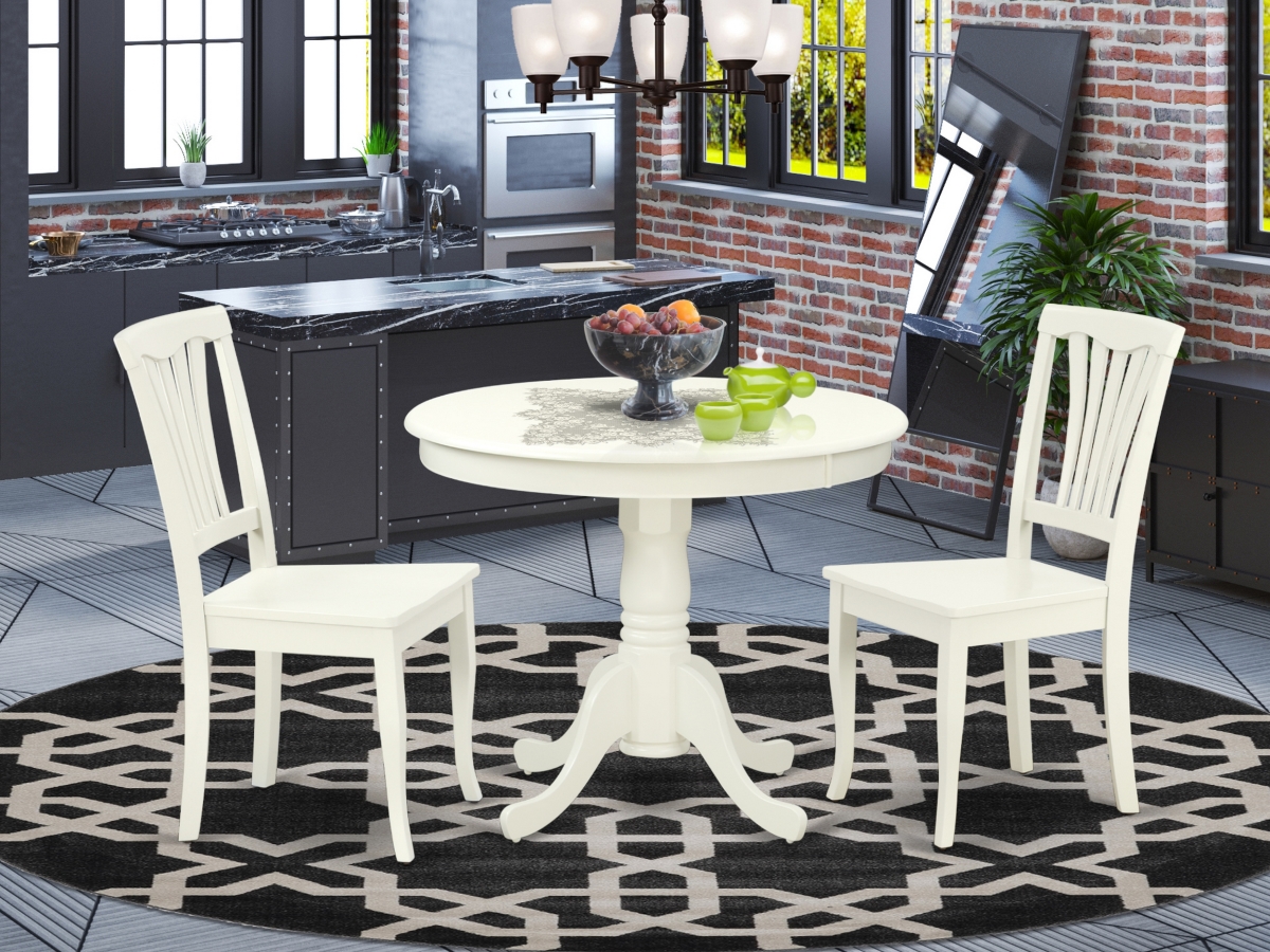 ANAV3-LWH-W 36 in. Antique Round Table & 2 Vertical Slatted Chairs - Linen White, 3 Piece