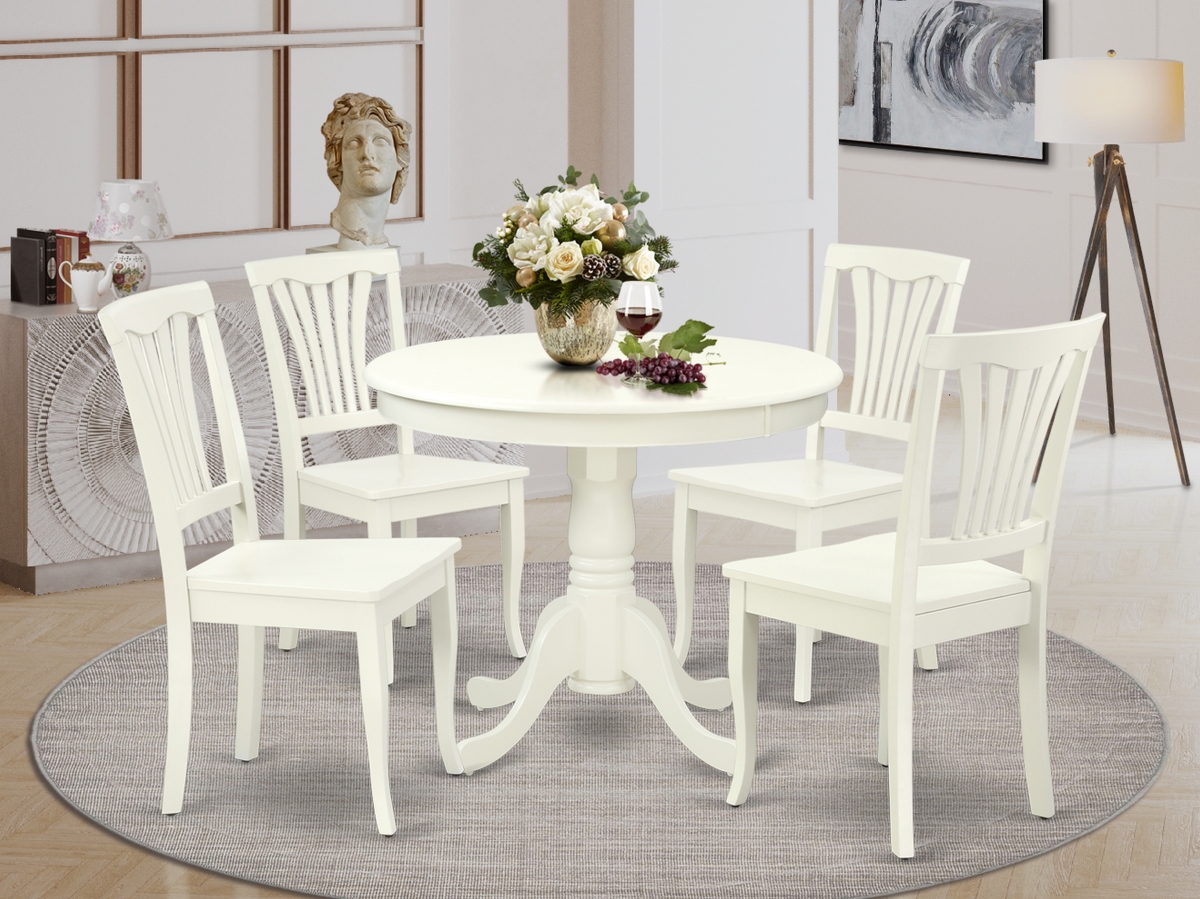 36 in. Antique Round Table & 4 Vertical Slatted Chairs - Linen White, 5 Piece