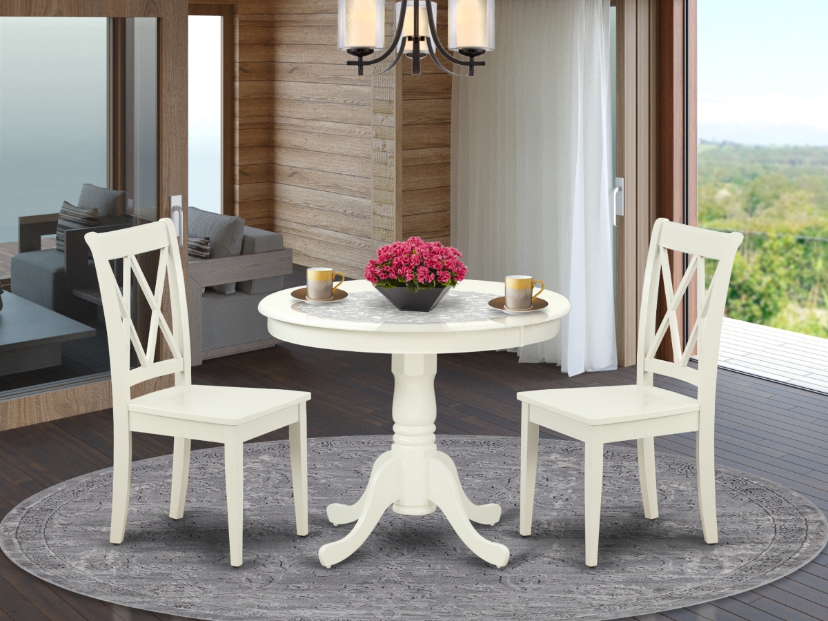 36 in. Antique Round Table & 2 Double X Back Chairs - Linen White, 3 Piece