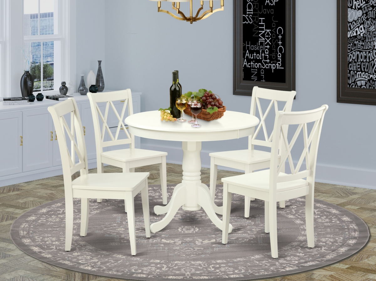 36 in. Antique Round Table & 4 Double X Back Chairs - Linen White, 5 Piece