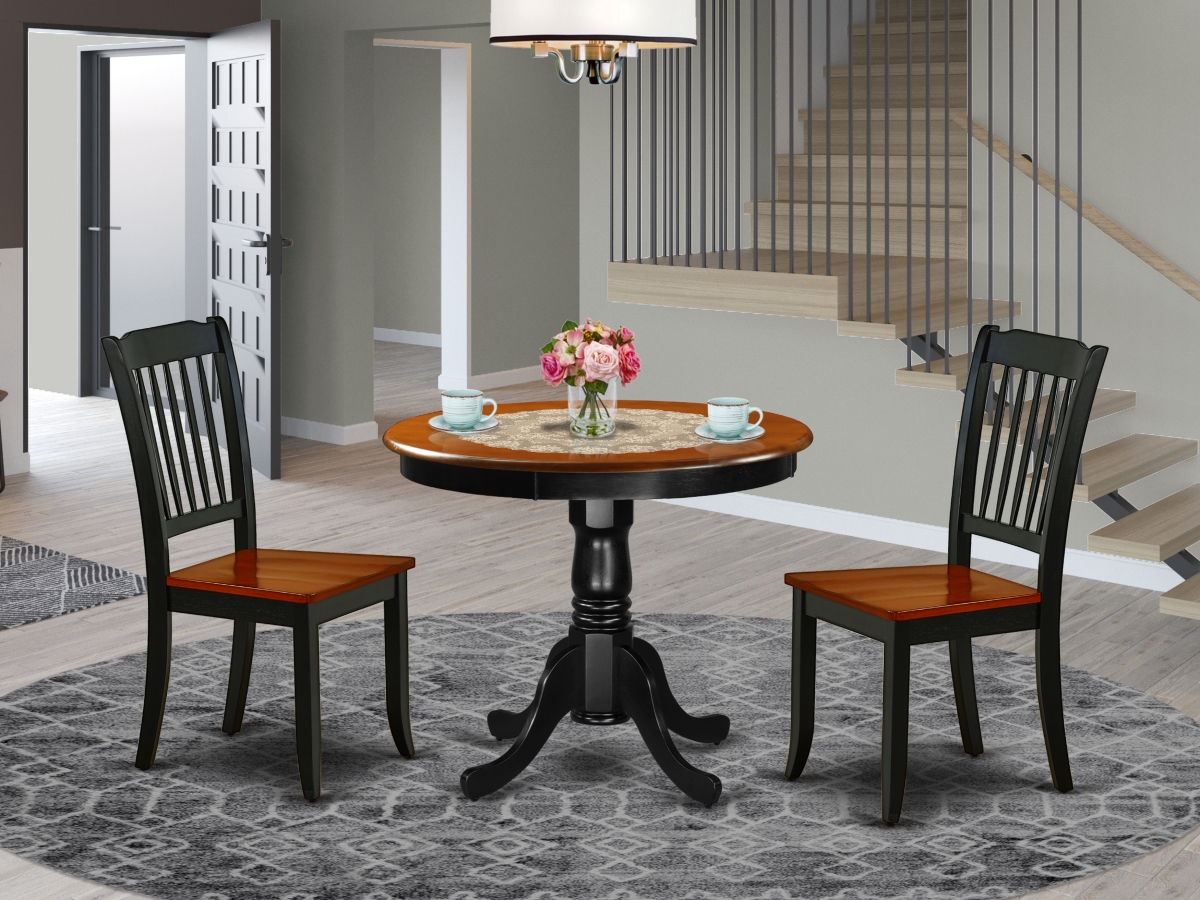 36 in. Antique Round Table & 2 Vertical Slatted Chairs - Black & Cherry, 3 Piece