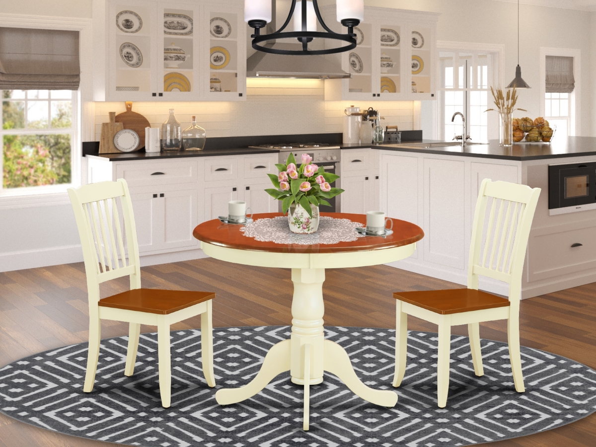 36 in. Antique Round Table & 2 Vertical Slatted Chairs - Buttermilk & Cherry, 3 Piece