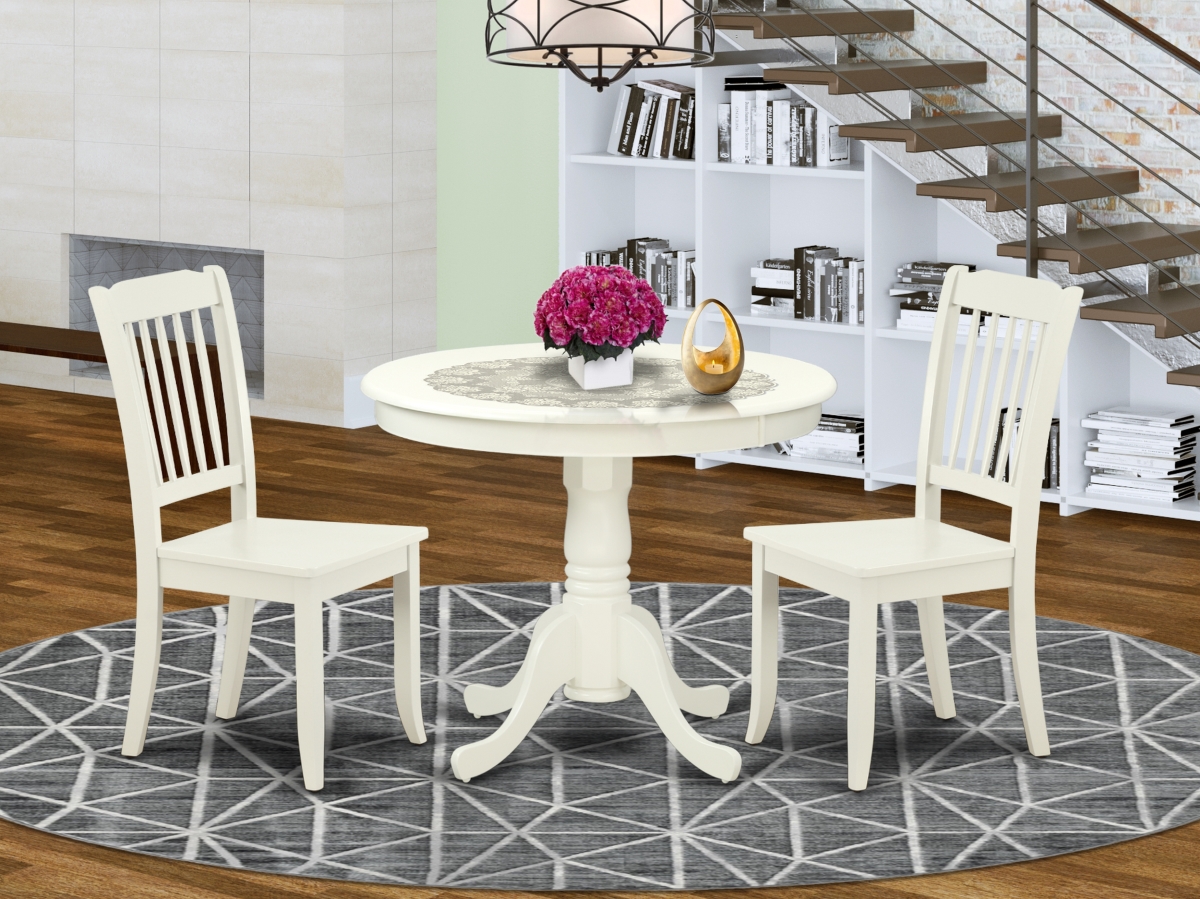 36 in. Antique Round Table & 2 Vertical Slatted Chairs - Linen White, 3 Piece